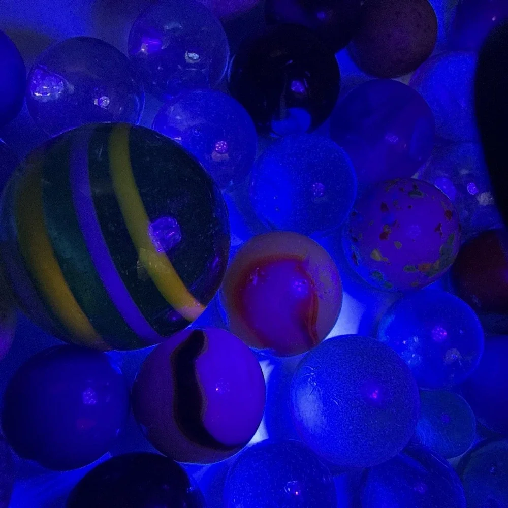 Lot Of Unique Vintage Marbles In Blue Mason Jar Some Glow- See Pics